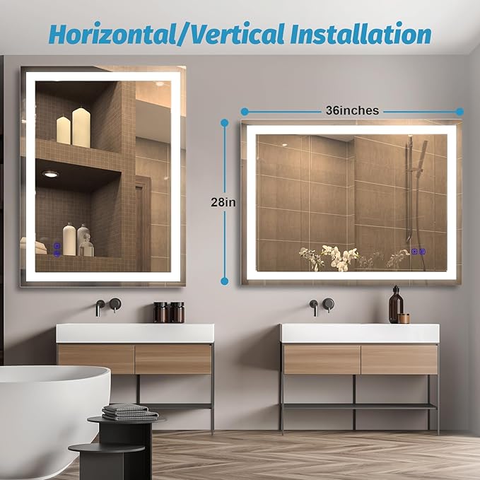 LED Mirror Bathroom 28"x36" LED Bathroom Mirror with Lights Front Lighted Mirror Smart Large Vanity Mirrors Makeup Colors Stepless Dimmable,Anti Fog,CRI95+,Memory Function