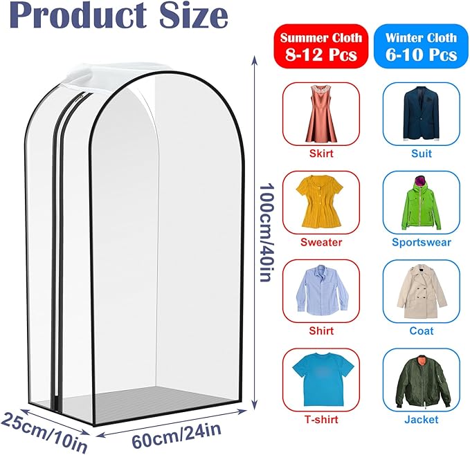 Clear Garment Bags for Hanging Clothes Gusseted Storage Covers PEVA Material Breathable Side Zipper Closet Organizer for Dresses Coats Suits 4 Pack 40" x 24" x 10"