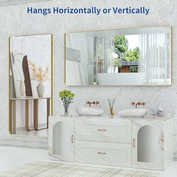 WEER Gold Bathroom Mirror, 72X36 Inch Brushed Gold Metal Frame Mirror, Rounded Rectangle Gold Bathroom Vanity Mirror for Wall, Tempered Glass, Anti-Rust, Hangs Horizontally or Vertically