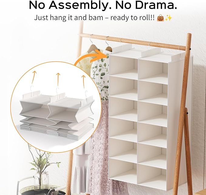 Space-Saving Hanging Closet Storage Organizer – Dual-Row Foldable Shelves with 3 Hooks, 6-Tier Wardrobe Organizer for Dorm, Bedroom, Closet (White)