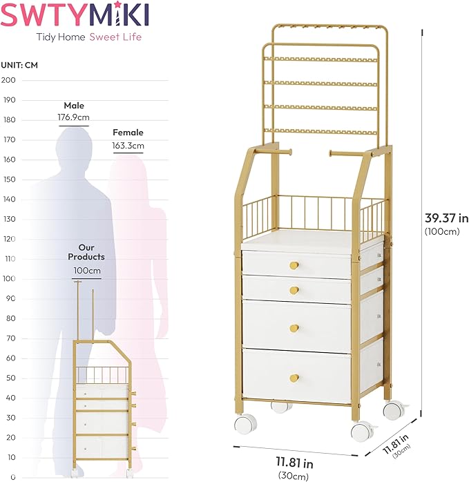 SWTYMIKI Large Jewelry Organizer Stand - Multifunctional Rack Tower for Necklace, Earring, Ring & Bracelet Display - Moveable Storage Jewelry Holder Stand with 4 Nonwoven Drawers for Bedroom Gold