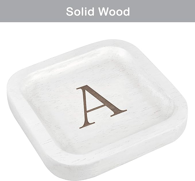 I'm Wooden Personalized Letter Catchall Valet Tray Trinket Dish Jewelry Tray Key Bowl Decorative Plate Organizing Ring Earrings Necklaces Bracelet Watch Coins Wallet Holder (6"x6" Sq White A)