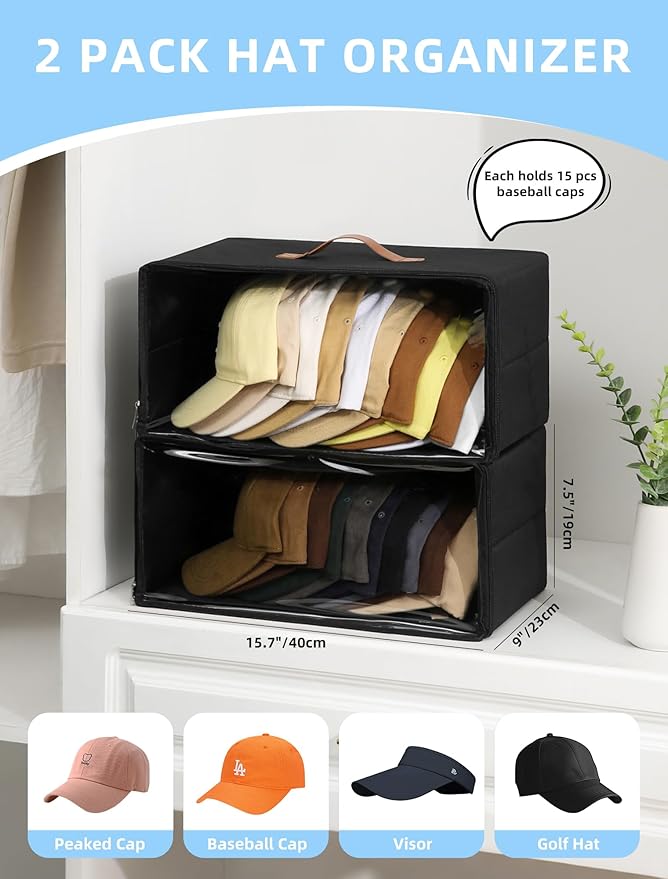 Beveetio 2 Pack Front-Opening Hat Organizer for Baseball Caps, Stackable Rigid Hat Storage Box with Clear Window, Space Saving Baseball Cap Organizer Holder for Closet, Holds Up to 30 PCS