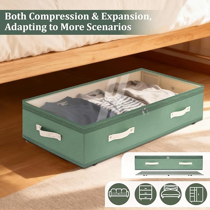 Dolicer 4 Pack Under Bed Storage with Wheels, 6in-10in Height Adjustable Underbed Storage Containers, 92L XXXL Under Bed Drawers Rolling Bin with Clear Lids for Dorm Shoes Clothes Organizers(Green)