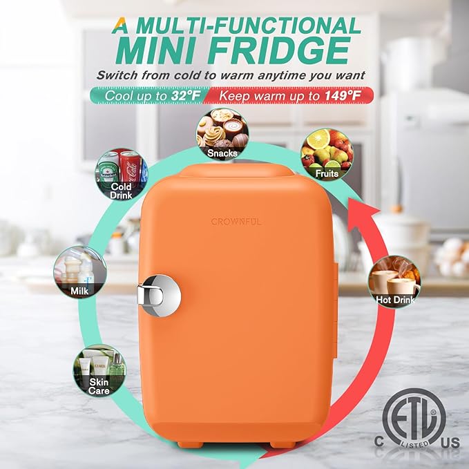 CROWNFUL Mini Fridge, 4 Liter/6 Can Portable Cooler and Warmer Personal Refrigerator for Skin Care, Cosmetics, Beverage, Food,Great for Bedroom, Office, Car, Dorm(Orange)