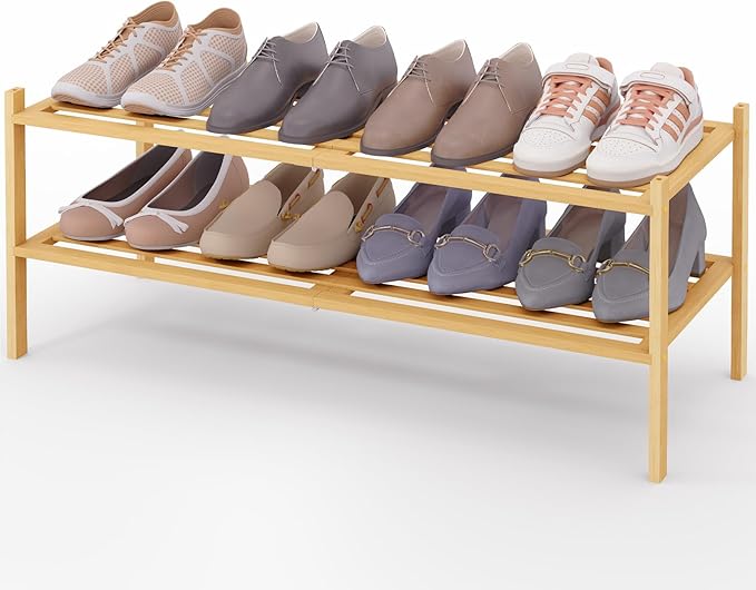 Smiry Long Bamboo Shoe Rack 2-Tier, Stackable Wooden Shoe Organizer for Entryway & Closet, Free Standing Wood Shoe Storage Shelf for Front Door & Small Spaces, Natural