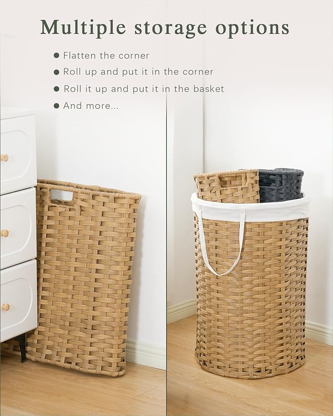 Laundry Hamper Laundry Basket Round 19.0 Gal (72 L) Handwoven Rattan Hamper, Large Wicker Hamper Basket with Removable Liner Bag Handles 2 Mesh Bags for Bathroom Living Room Natural (No Lid)