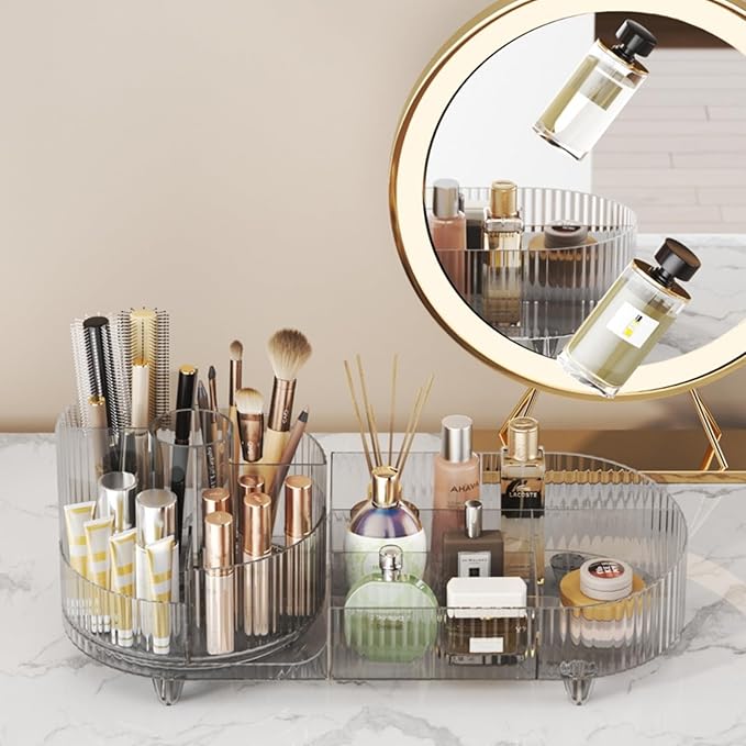 Rotating makeup organizer,Large Capacity Cosmetic Display Case, easy to hold all of your makeup products, at least 20 makeup brushes/eyeliner,10 lipsticks,8 skincare products(Crystal Clear)