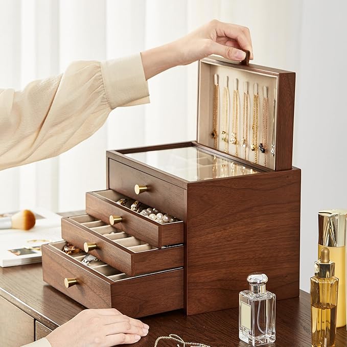 Black Walnut Wooden Jewelry Box for Women 4 Layer with Glass Lid and Pull-out Necklace Storage Layer Watch Necklace Ring Earring Storage,Valentine's Day Gifts