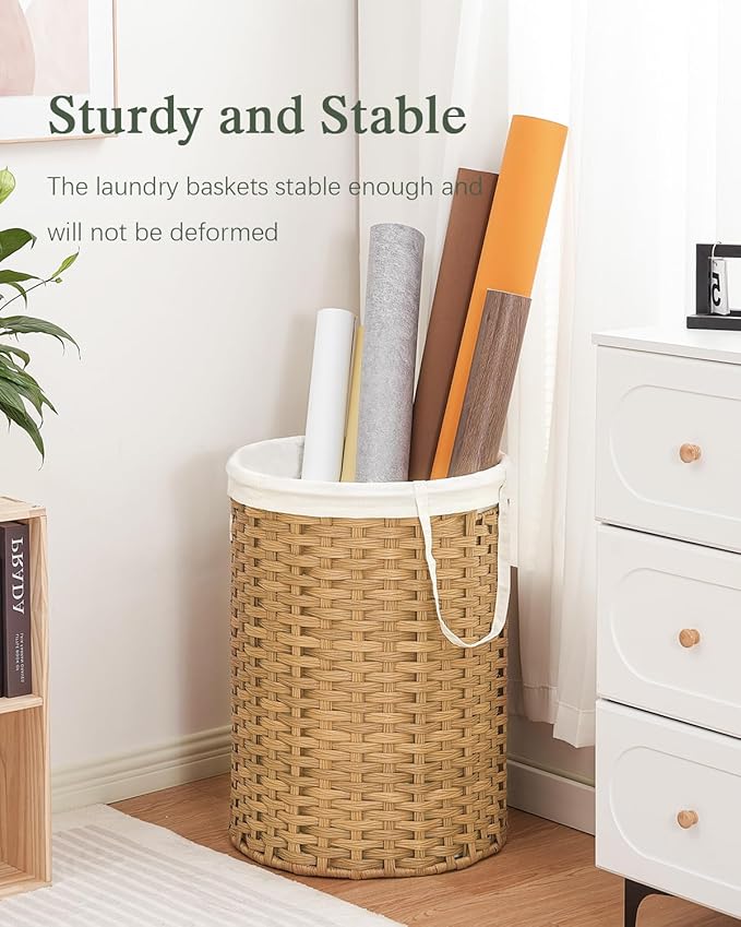 Laundry Basket Round Rattan Laundry Hamper 29.1 Gal(110 L)Handwoven Large Wicker Basket with Handles, Wicker Hamper with Removable Bags and 2 Mesh Bags for Bathroom Living Room Natural(No Lid)