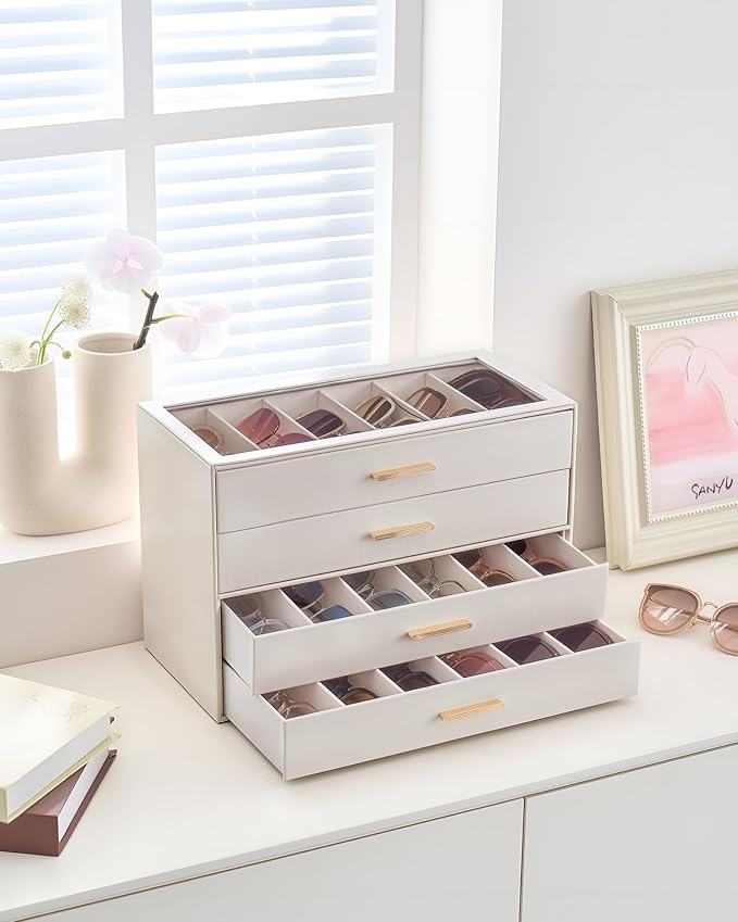 Lolalet Beige Sunglasses Storage Box for Women, Eyewear Eye Glass Organizer with Clear Top Lid Display Holder Case