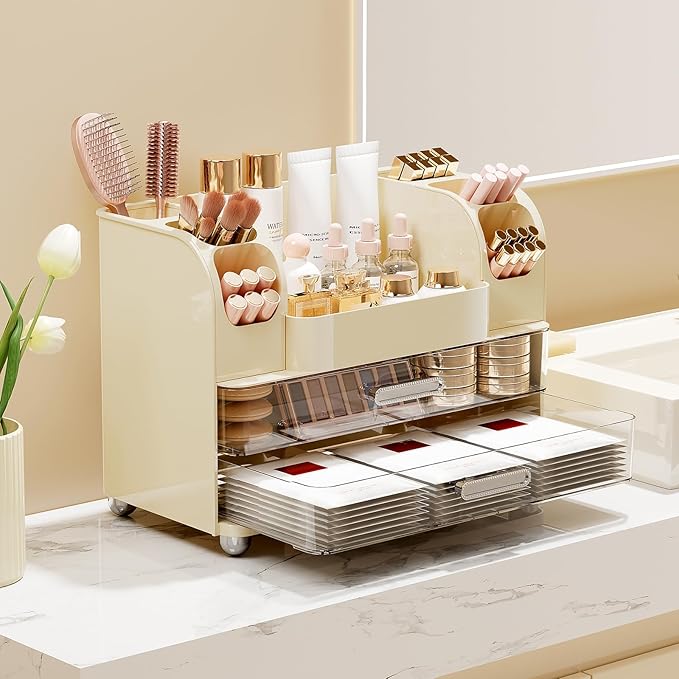 Makeup Organizer for Vanity with 2 Large Drawers, Cosmetic Display Case with Brush Holders, Easy to Storage for Bathroom Countertop Skincare, Desk Office Supplies, Cream White