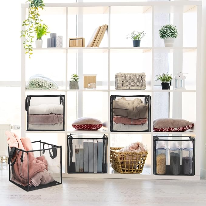 Zopeal 6 Pack Popup Laundry Hamper 13 Inch Collapsible Laundry Baskets with Handles Mesh Clothes Baskets Portable Single Layer Foldable Clothes Hamper Square Bin for Washing (Black,Single-layer)