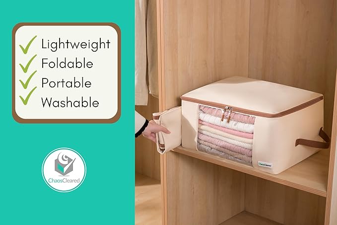 Canvas Storage Bags Designer Organizer for Clothing 2 Pack – Clothes Organizers for sweaters, clothing, garment, bedding, quilt, linens, large bag with zip & window, mothproof