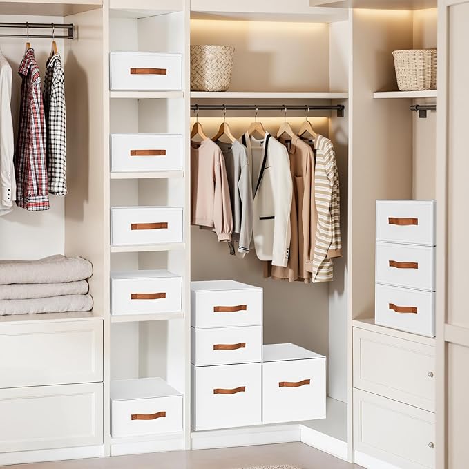 DIMJ Closet Organizers and Storage - Fabric Storage Bins with Drawers Stackable Closet Bins with Labels for Clothes, Sweaters, Bedding, Collapsible Storage Cubes for Bedroom, Living Room, Shelf