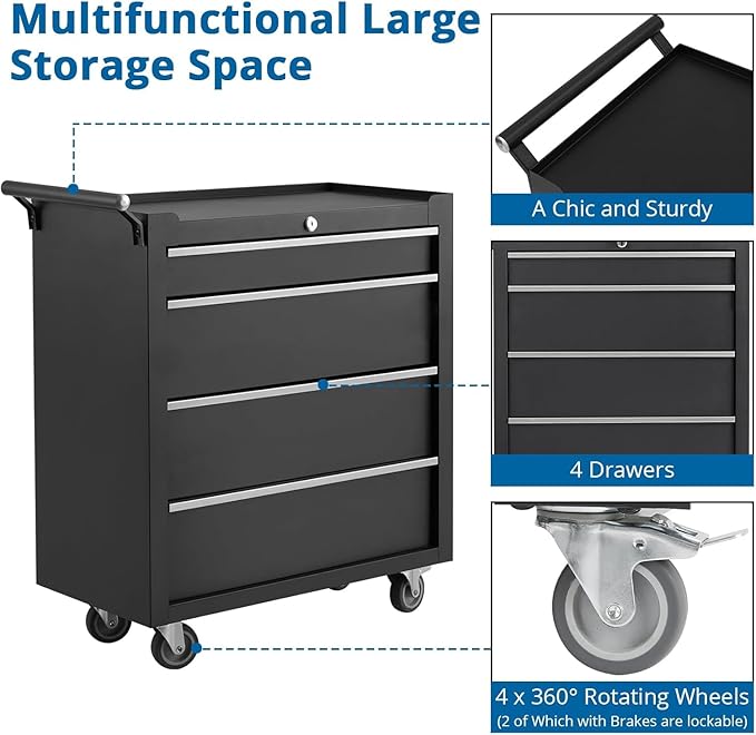 Rolling Tool Box with Wheels, 4 Drawer Tool Storage Cabinet, Portable Toolbox Organizer with Lock, Heavy Duty Tool Chest Cart for Garage, Mechanic, Workshop, Shop, Mobile Tool Organizer, Black