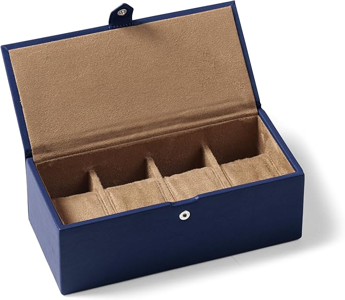 Leatherology Navy Blue Watch & Bracelet Box – Full Grain Leather Jewelry Organizer with 4 Microsuede-Lined Compartments, Removable Cushions & Snap Closure – Storage for Watches and Accessories