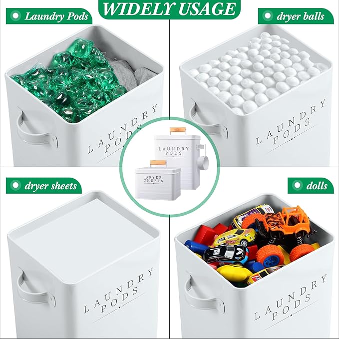 2 Pcs Laundry Pod Container with Dryer Sheet Holder Farmhouse Laundry Room Decor Organization and Storage Detergent Container Box with Lid Handle Metal Dryer Sheet Dispenser(White)