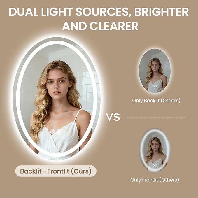 28''x20'' Oval LED Bathroom Mirror with Lights, Anti-Fog, 3 Colors Temperature & Dimmable, Lighted Mirrors for Bathroom Wall with Memory Function