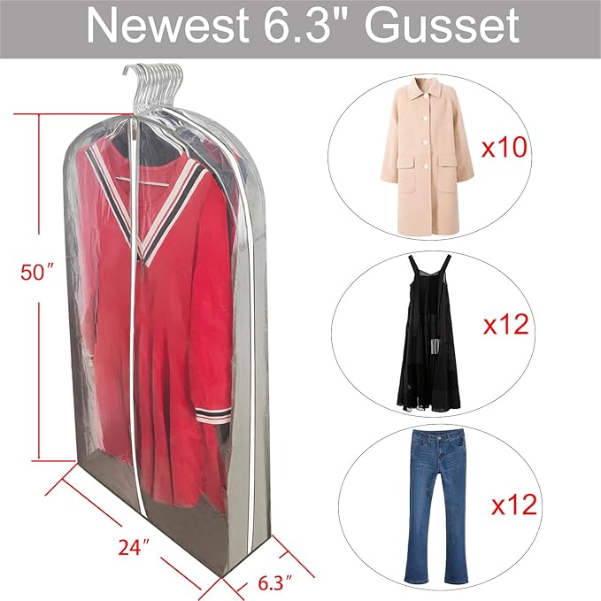 6.3"Gusseted Garment Bags for Hanging Clothes with Dual Zippers- Full Clear Front & Sides PEVA,50"Breathable Dust-proof Waterproof Dress Covers for Closet Storage,Travel,Moving,Gray,5 Pack
