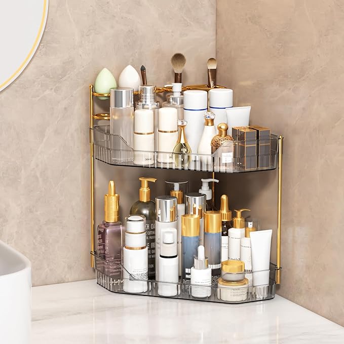Corner Bathroom Counter Organizer with Makeup Brush Holder & Toothbrush Holders, Makeup Organizer for Vanity Countertop, Acrylic Skincare Storage Shelf (Grey, 2-Tier)