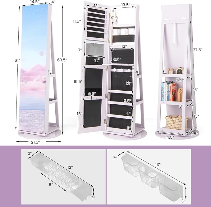 GOFLAME 360° Rotating Jewelry Cabinet with Full-Length Mirror, Freestanding Jewelry Armoire with 3-Color LED Light and Back Storage Shelf, Lockable Jewelry Organizer for Bedroom Cloakroom, Lavender