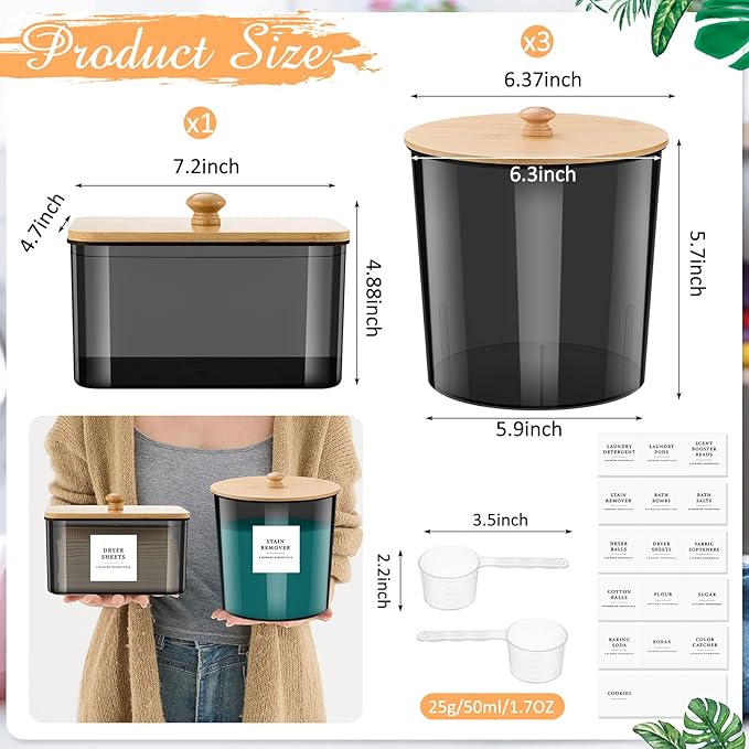 3+1 Pack Laundry Pods Container & Dryer Sheet Holder with Lids, Scoops & Labels - Plastic Laundry Storage Jars for Powder, Pods, Detergent, Room Organization