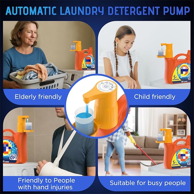 Detergent Dispenser, Auto Laundry Detergent Dispenser with Silicone Washable Laundry Measuring Cup Graduated Cup, No Waste, USB Rechargeable, Ideal for Laundry Room Organization (Yellow)
