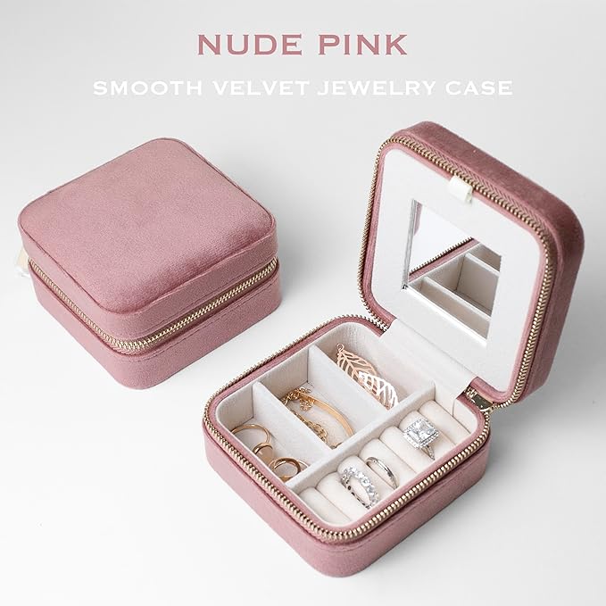 Customizable Compact Velvet Jewelry Box with Mirror, Travel Jewelry Case, Travel Jewelry Organizer, Jewelry Box for Women and Girls, Small Jewelry Organizer (Center Text, Nude Pink)