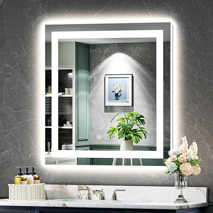 30x30 Inch LED Bathroom Mirror with Lights Front and Backlit Lighted Vanity Mirror for Bathroom Wall with 3 Colors Dimmable Anti-Fog Memory Shatter-Proof IP54 Waterproof Horizontal/Vertical