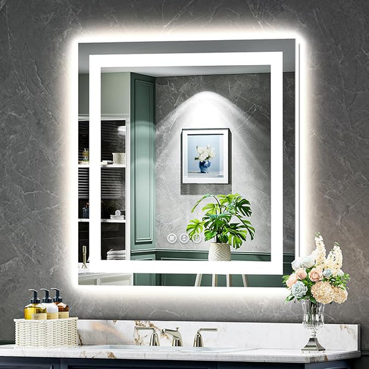 30x30 Inch LED Bathroom Mirror with Lights Front and Backlit Lighted Vanity Mirror for Bathroom Wall with 3 Colors Dimmable Anti-Fog Memory Shatter-Proof IP54 Waterproof Horizontal/Vertical