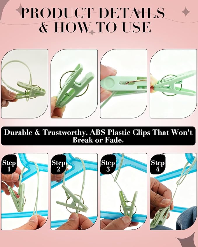 100 Pack Multi Purpose Laundry Hanging Clips with Rope, Strong Grip Hanging Clips for Baby Hangers, Pants, Socks, Towels & Closet Organization, Multi-Purpose Laundry Drying Hooks (Classic Colors)