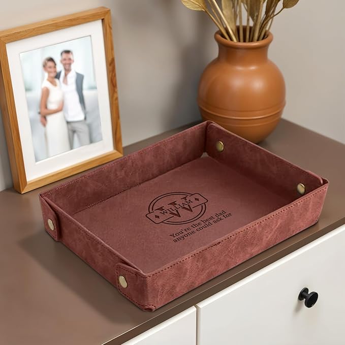 Engraved Father’s Day Leather Valet Tray – Personalized Light Coffee Catchall with Custom Name – Men’s Desk Organizer for Keys, Wallet, Watches, and Jewelry – Unique Gift from Daughter or Son