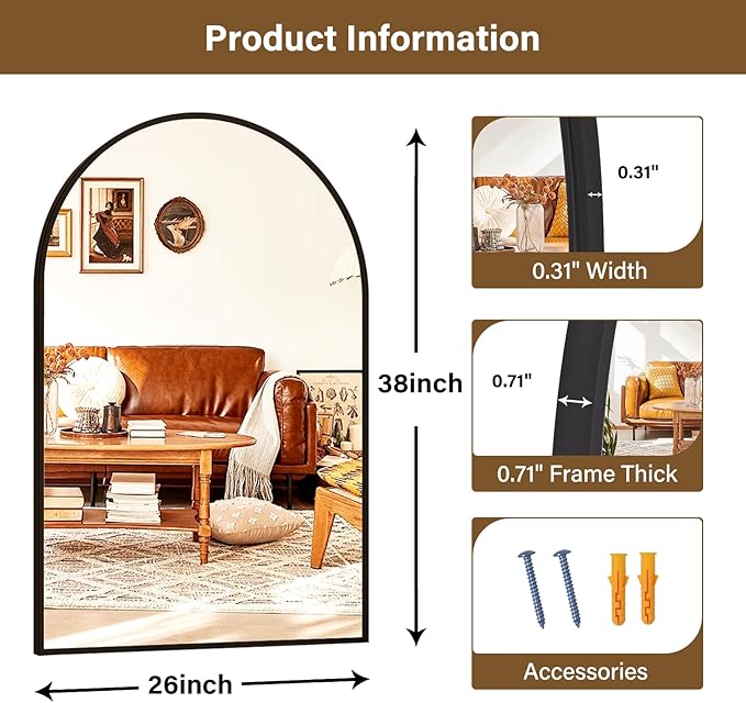 26"x38" Arched Wall Mirror for Bathroom, Black Vanity Mirror for Bedroom, Living Room, Entryway, Decorative Hanging Mirror for Wall
