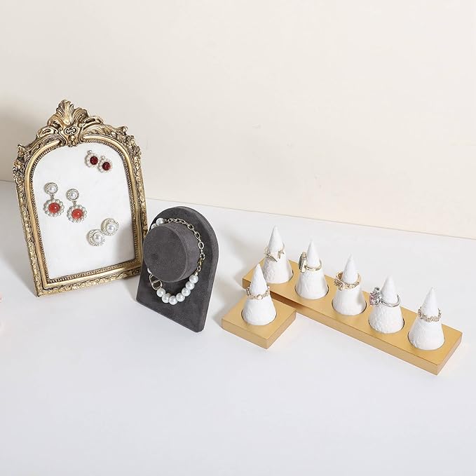 GemeShou Jewelry ring display holder for selling, velvet ring cone display stand, cute cone shaped ring holder with golden coated base,Small jewelry ring storage organizer【Ring holder-white 1 cone】