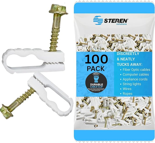 STEREN Coaxial Cable Clips - Cable Holder - Wire Clips - Siding Clips for Hanging - Cord Holder for Desk - Cable Clamps (White, 100 Count - Dual Screw)