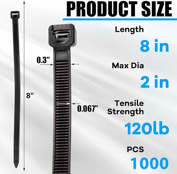 1000 Pcs 8 Inch Zip Ties Heavy Duty 120 Lbs Tensile Strength Black Nylon Wire Cable Ties Bulk for Indoor Outdoor