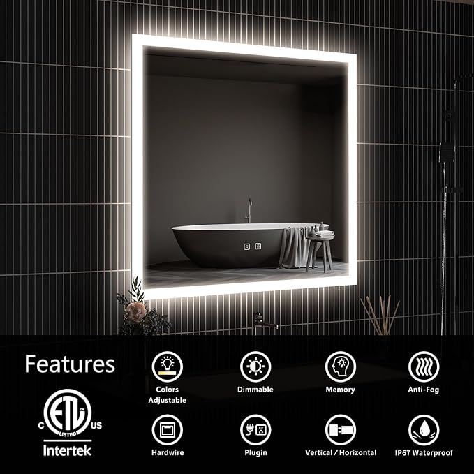 APRILSOUL 30x30 Inch LED Mirror for Bathroom, Led Vanity Mirror with Front and Backlit, 3 Color Lights, Memory Function, Anti-Fog and Dimmable Light (Horizontal/Vertical)