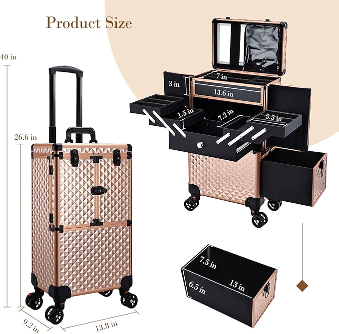Adazzo Professional Makeup Artist Rolling Train Case Multi-functional Cosmetic Train Case Large Trolley Storage Case for Nail Technicians Cosmetology Case for Hairstylist Rose Gold