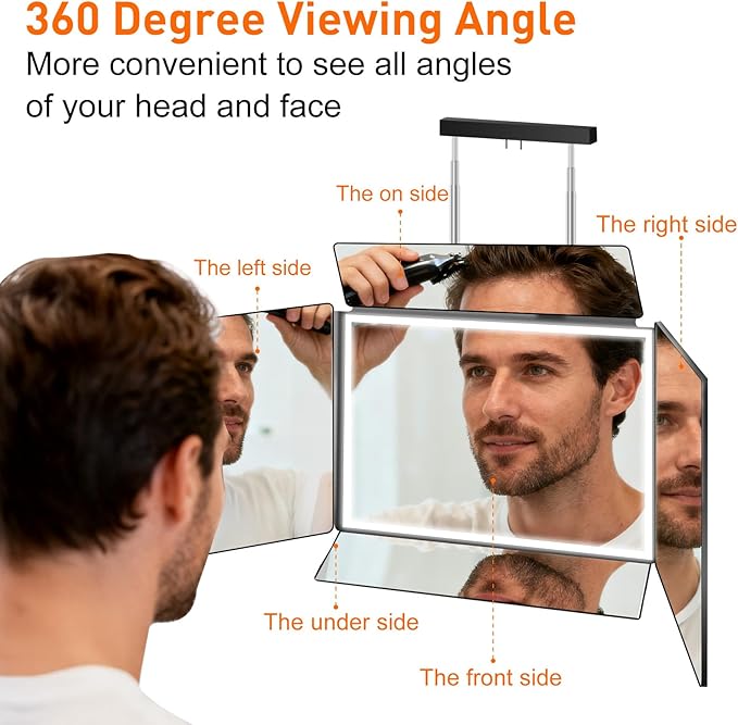 5 Way Mirror for Self Hair Cutting,360 Haircuts Mirror Men for Barber Use Tools,to See Back of Head,Tri Fold with Portable Height Adjustable Telescoping Hooks