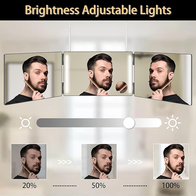 Three Way Mirror for Braiding Hair LED Lighted Trifold 360 Mirror for Women for Braiding Haircuts for Men Self Cut Shaving Barber Hair Cutting Tools