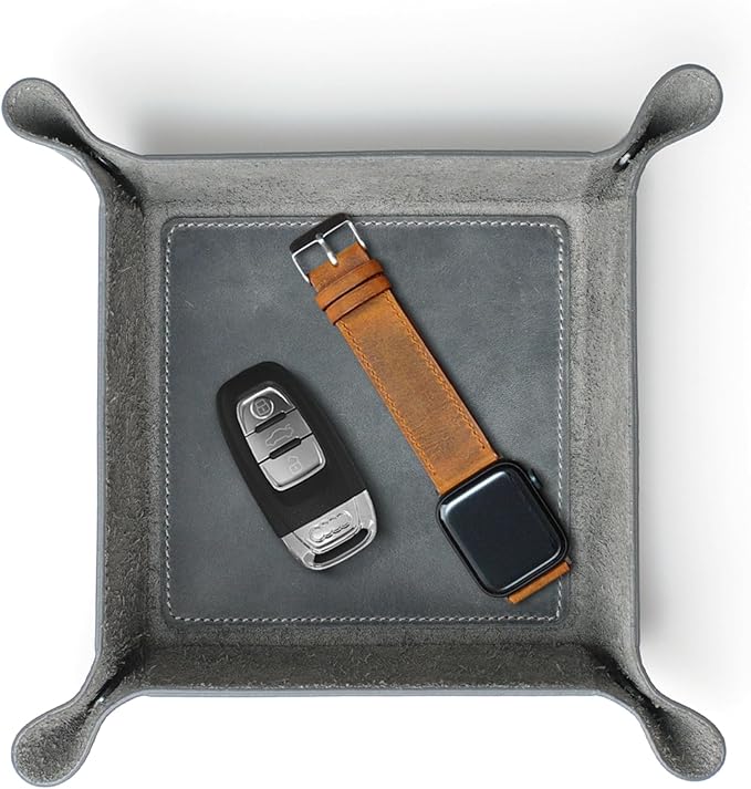 Handmade Leather Catch All Tray, Customizable Handcrafted Genuine Leather Valet Tray and Organizer for Keys, Phones, Jewels, Coins, Square - Small, Grey