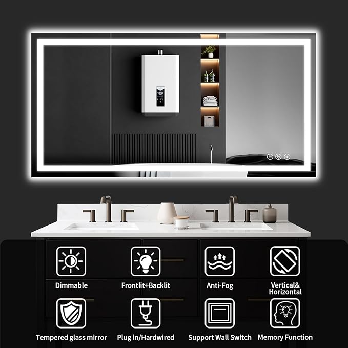 36"x48" LED Bathroom Mirror with Lights, Dimmable，Anti-Fog，Bathroom Vanity Mirror for Wall, Backlit + Front Lit, Memory Function, Shatter-Proof，Tempered Glass