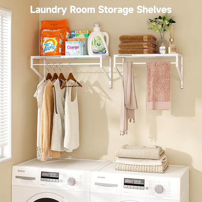 Expandable Closet Shelves Wall Mounted, 2 Pack Closet Shelving with Hanging Rods, Wall Shelving for Walk-in Closet, Hanging Shelves Organizer and Storage for Closet, Laundry