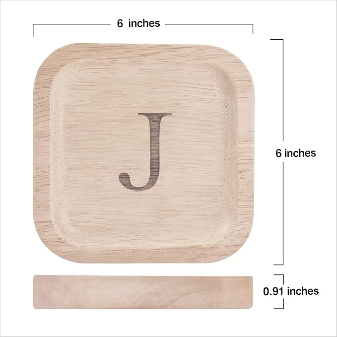 I'm Wooden Personalized Letter Catchall Valet Tray Trinket Dish Jewelry Tray Key Bowl Decorative Plate Organizing Ring Earrings Necklaces Bracelet Watch Coins Wallet Holder (6"x6" Sq Natural J)