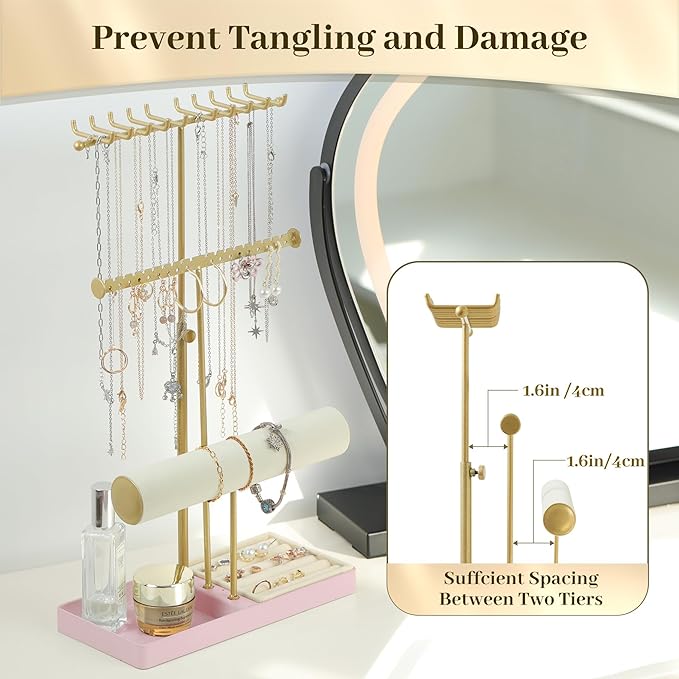 Tirzah 3-Tier Adjustable Gold Jewelry Holder Organizer Stand with 20 Necklace Hooks, 18 Earring Holes and Notches, Bracelet Holder, 6 Ring Rolls, Pink Tray for Girls, Women