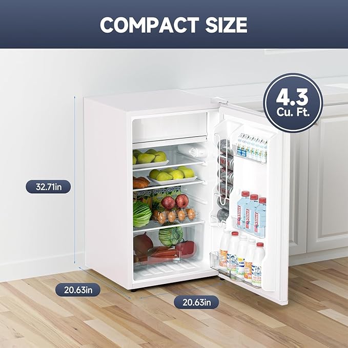 Jojoka 4.3 Cu.ft Mini Fridge with Freezer, Single Door Small Refrigerator with Slide Out Glass Shelves, Compact Refrigerator for Bedroom, Office, Dorm