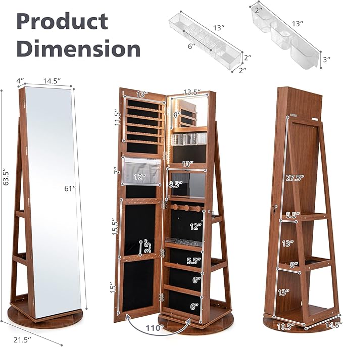 CHARMAID 360° Swivel Jewelry Armoire with Full Length Mirror, Rear Storage Shelves, Lockable Standing Jewelry Cabinet Organizer with Interior Vanity Mirror and 3-Color Lights (Walnut)