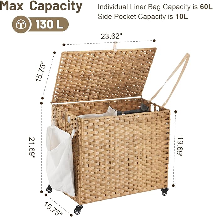 Laundry Hamper with Wheels, 34.3 Gallon(130L) Rolling Laundry Basket with Lid, Removable Large 2 Color Liners & 3 Mesh Laundry Bags, Clothes Hamper with Side Pocket, Natural