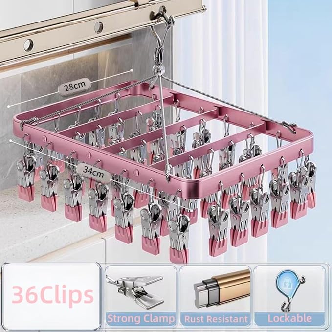 Clothes Drying Racks Clip Hangers Metal with 36 Clips Windproof Hook Underwear Hanger Foldable Laundry Clip for Socks Bras (Pink)